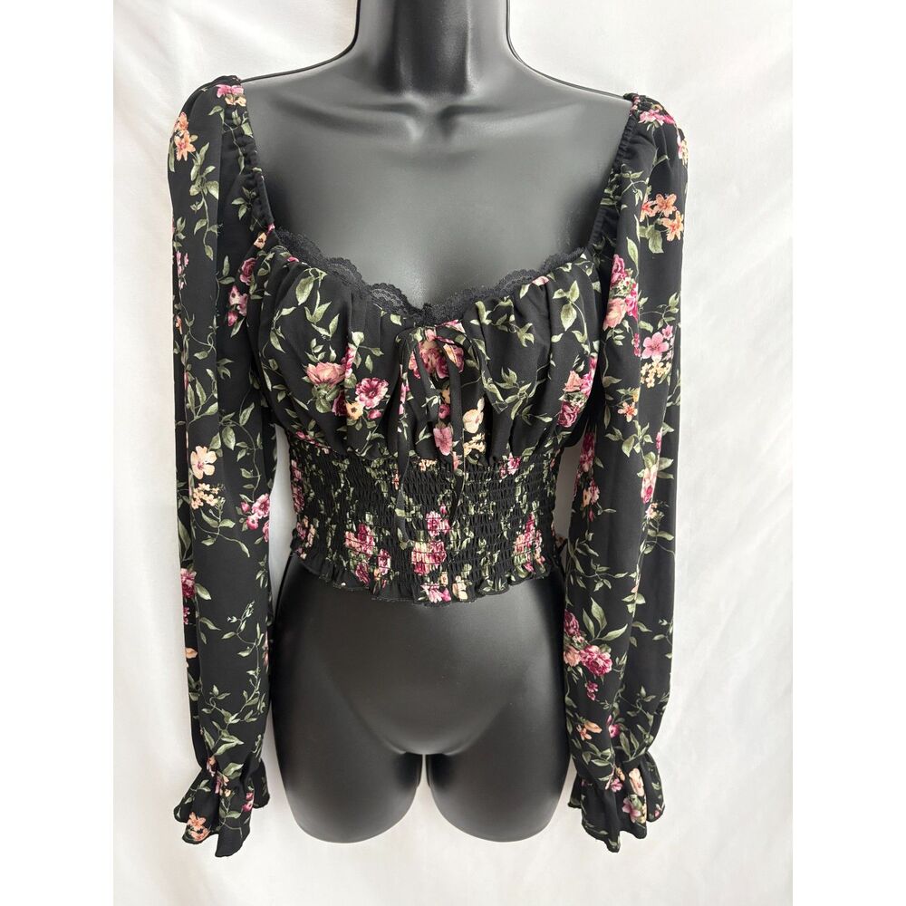 Forever 21 Long Sleeve Floral Lace Trim Top M Corset Like Cottagecore Prairie